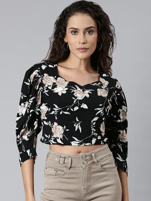 floral print black georgette women's crop top - 20249474 - Very Small Image - 1