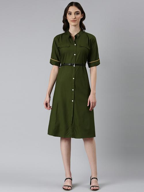 olive solid short sleeves a-line dress with belt - 20249521 - Very Small Image - 1