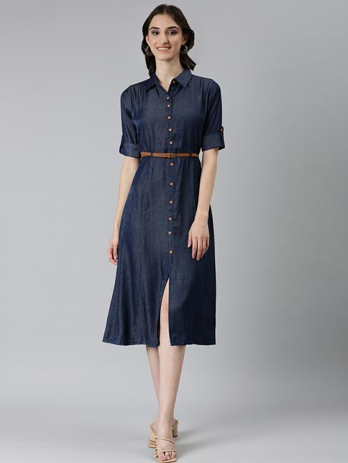 navy blue solid short sleeves a-line dress with belt - 20249542 - Very Small Image - 1