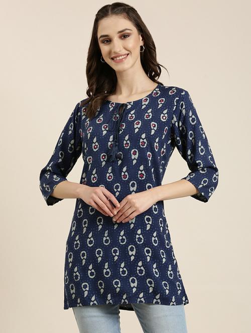 women's tie-up neck navy blue straight kurti - 20251167 - Very Small Image - 1