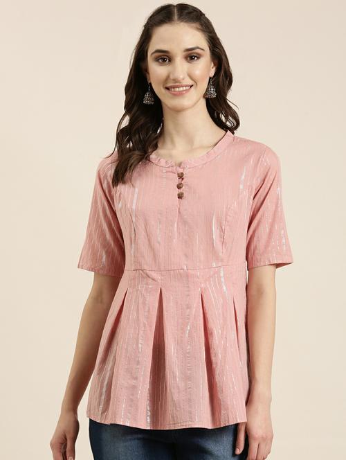 pink stripes mandarin neck a-line kurti - 20251192 - Very Small Image - 1