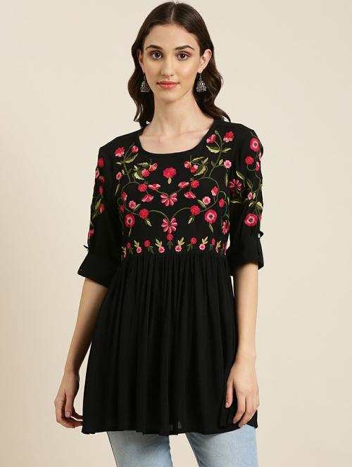 black solid round neck a-line kurti - 20251201 - Very Small Image - 1