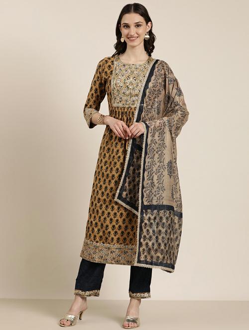 Women Khaki Block Print Kurta Pant Set With Dupatta - 20251304 - Very Small Image - 1