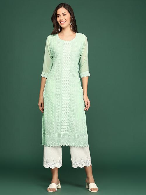 green embroidered georgette straight kurta - 20252225 - Very Small Image - 1