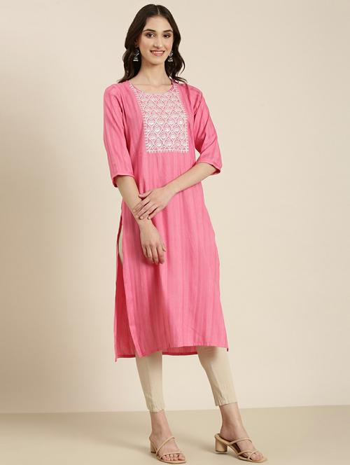women's pink round neck straight kurta - 20252234 - Very Small Image - 1