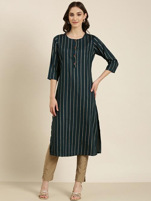 Women's Teal Round Neck Straight Kurta - 20252249 - Very Small Image - 1