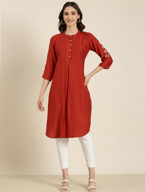 Women's Rust Mandarin Neck Straight Kurta - 20252254 - Very Small Image - 1