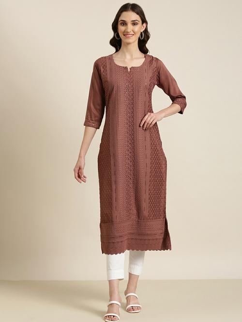 women's brown notch neck straight kurta - 20252291 - Very Small Image - 1