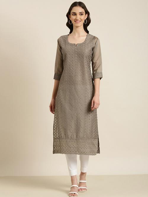 women's taupe notch neck straight kurta - 20252300 - Very Small Image - 1