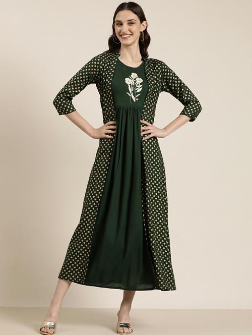 green solid with embroidered kurta with jacket - 20252318 - Very Small Image - 1