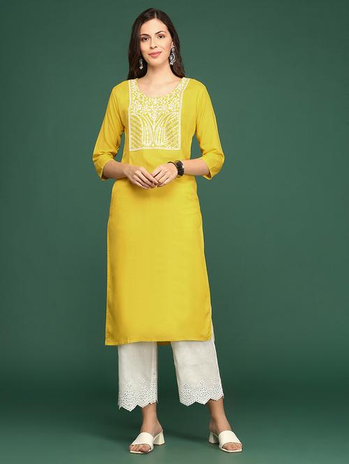 Yellow Yoke Embroidered Straight Kurta - 20252395 - Very Small Image - 1