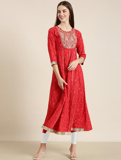 women round neck floral anarkali kurta - 20252507 - Very Small Image - 1