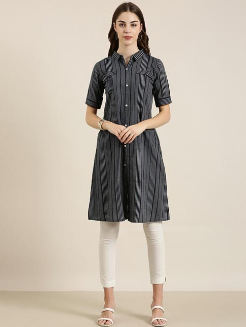 navy striped a-line kurta - 20252608 - Very Small Image - 1