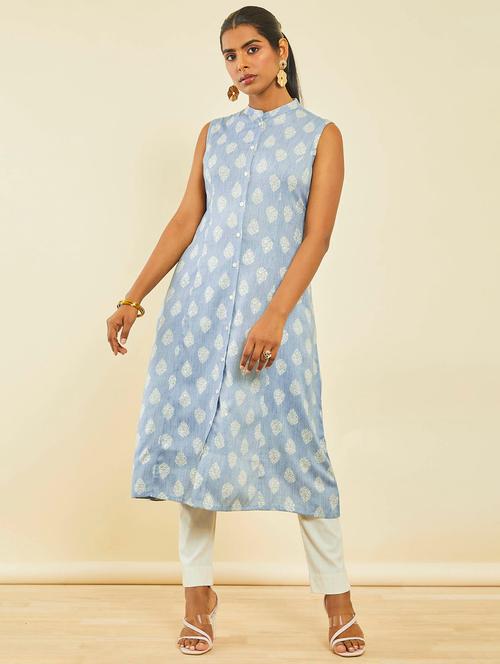 women blue mandarin neck a-line kurta - 20252841 - Very Small Image - 1