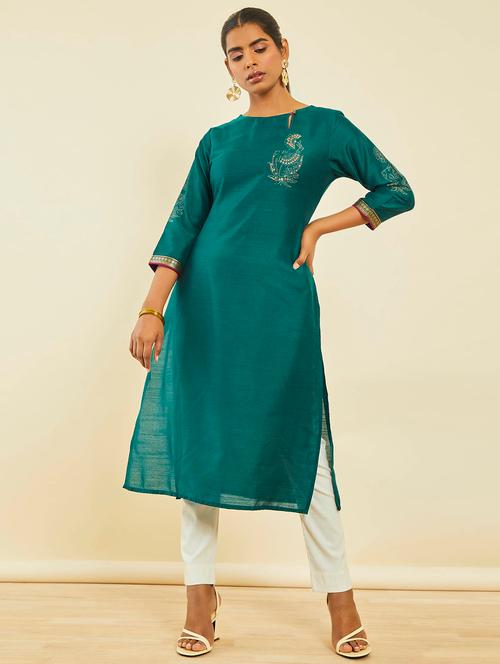 women teal round neck a-line kurta - 20252871 - Very Small Image - 1