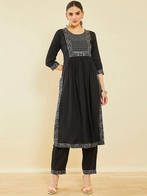 women black round neck kurta pant set - 20253071 - Very Small Image - 1