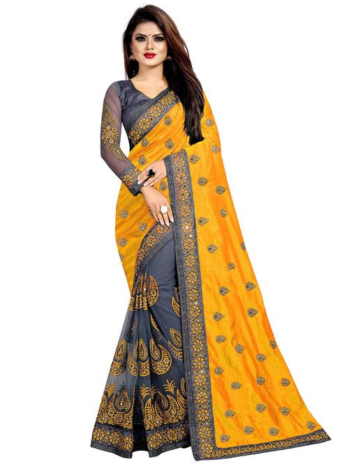 women's solid with work mustard colored saree with blouse - 20253968 - Very Small Image - 1