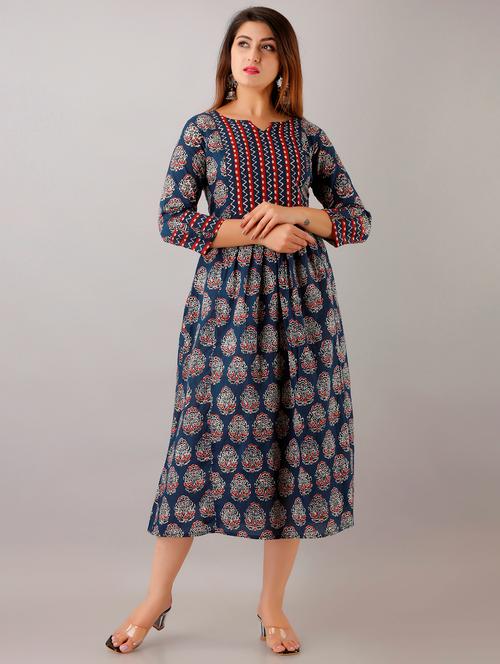navy blue block print fit & flare ethnic dress - 20256814 - Very Small Image - 1