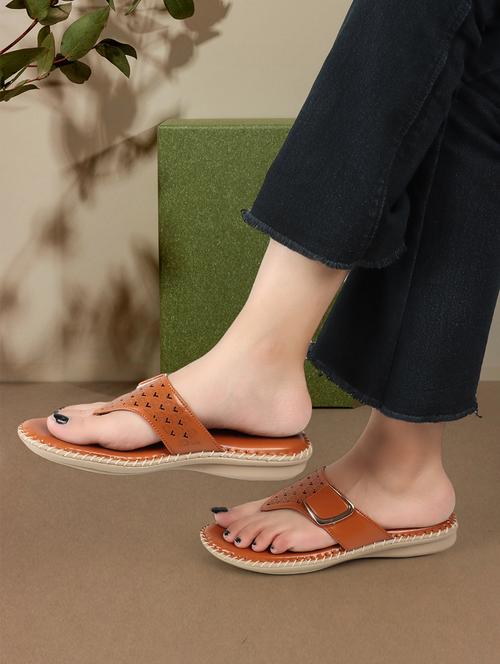 women solid tan cut work slip on sandal - 20257262 - Very Small Image - 1