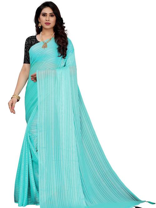women's stripes aqua blue colored saree with blouse - 20258543 - Very Small Image - 1