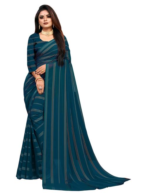 teal strped printed saree with blouse - 20258714 - Very Small Image - 1