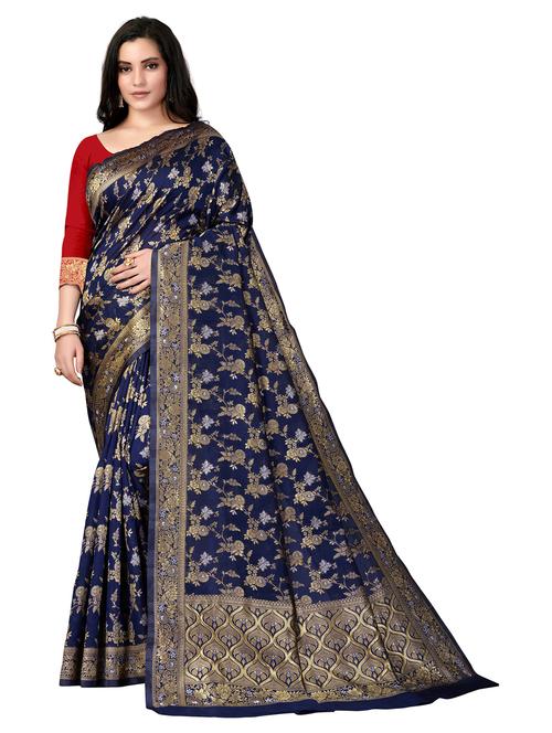 women's floral blue colored saree with blouse - 20258836 - Very Small Image - 1