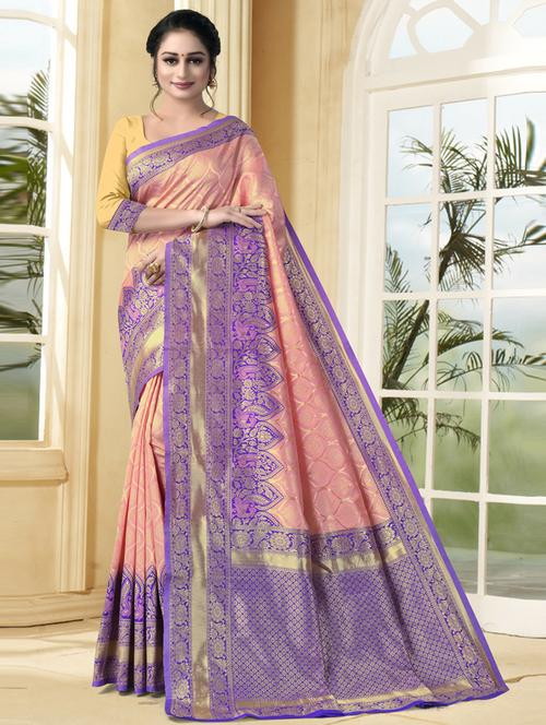 women's self design coral colored saree with blouse - 20259124 - Very Small Image - 1