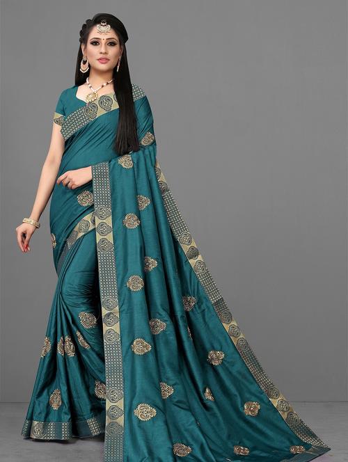 teal colored embroidered  saree with blouse - 20260721 - Very Small Image - 1