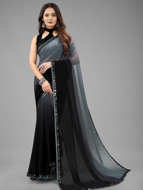 women black & grey solid plain saree with blouse - 20260739 - Very Small Image - 1
