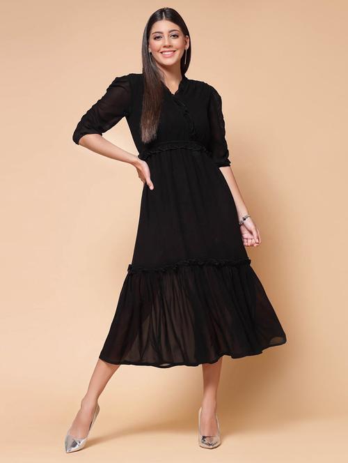 black solid puff sleeves tiered dress - 20262020 - Very Small Image - 1