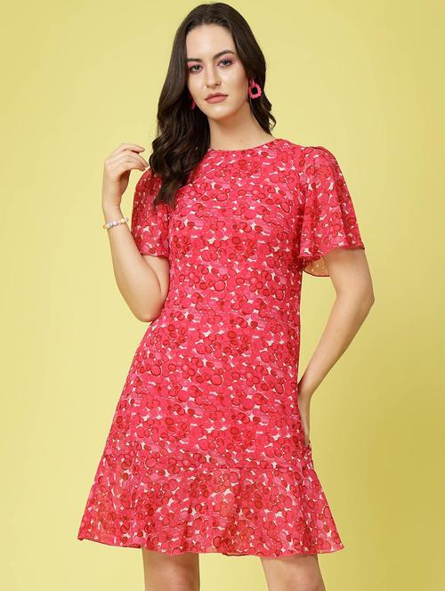 red printed flute sleeves a-line dress - 20262025 - Very Small Image - 1