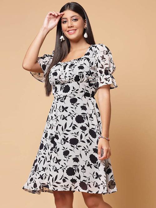white floral print puff sleeves fit v& flare dress - 20262063 - Very Small Image - 1