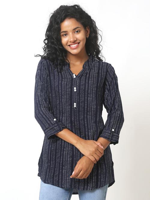 blue stripes mandarin neck regular tunic - 20265055 - Very Small Image - 1