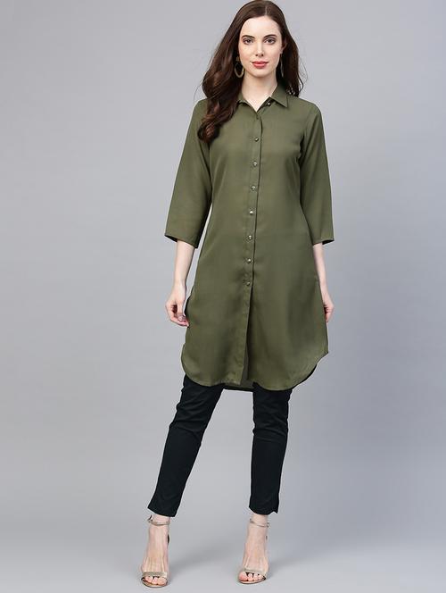 women olive solid shirt collar kurta - 20266786 - Very Small Image - 1