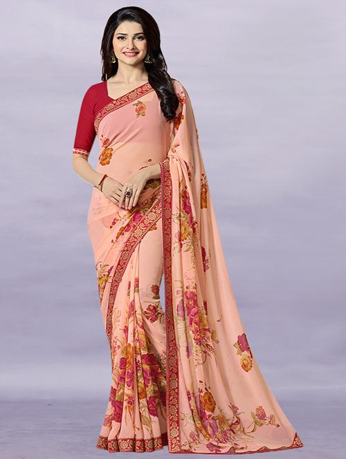women's floral peach colored saree with blouse - 20273319 - Very Small Image - 1