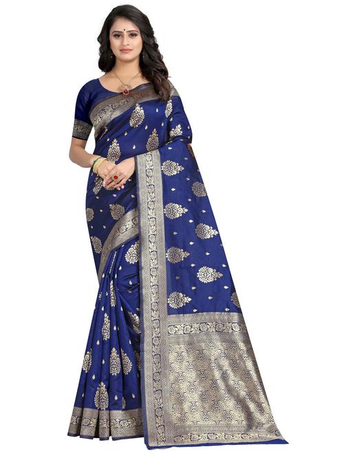 women's self design navy blue colored saree with blouse - 20273410 - Very Small Image - 1