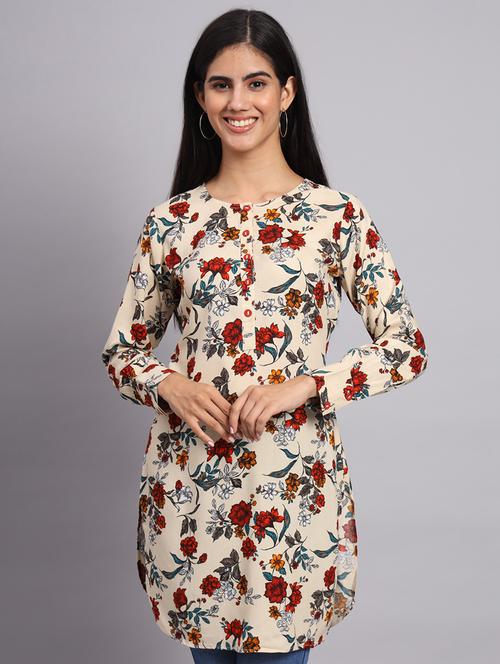 women beige floral printed side slit kurti - 20273774 - Very Small Image - 1