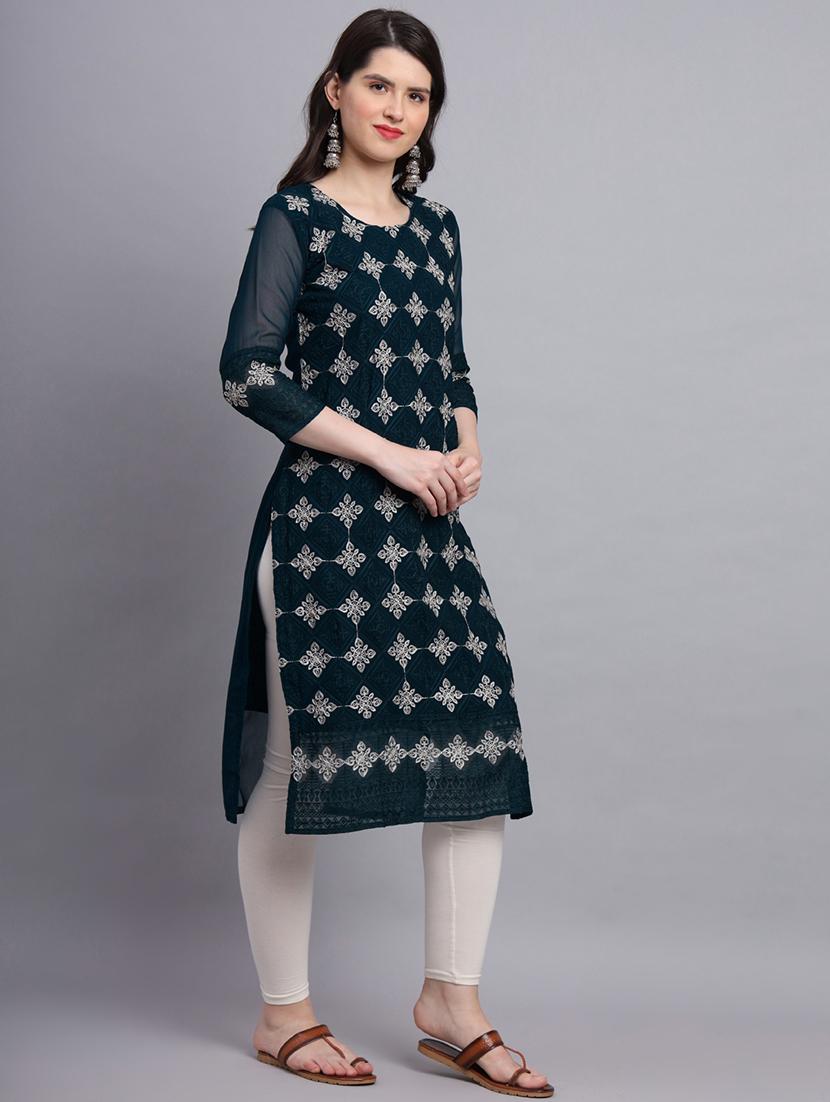 teal colored straight kurta - 20276518 - Standard Image - 2