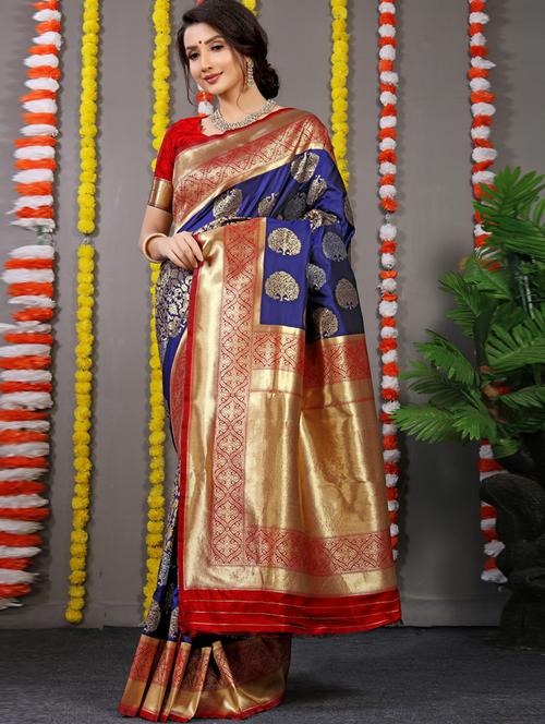 women's self design blue colored saree with blouse - 20277551 - Very Small Image - 1