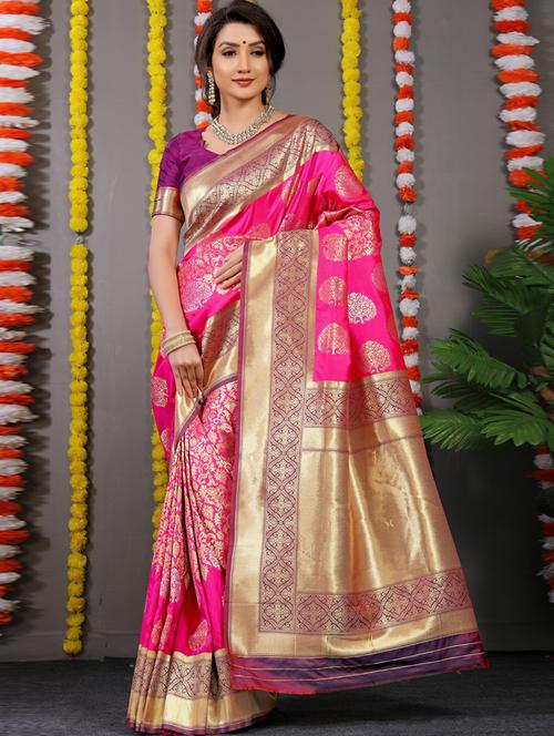 women's self design pink colored saree with blouse - 20277556 - Very Small Image - 1