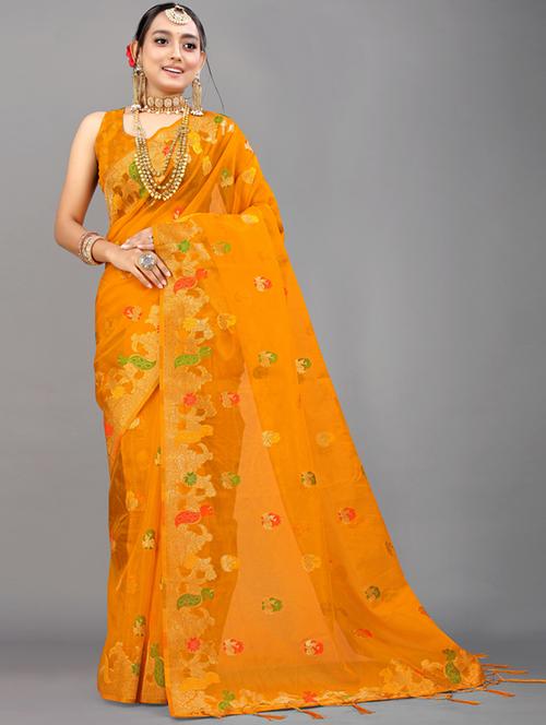 women's solid with work yellow colored saree with blouse - 20277632 - Very Small Image - 1