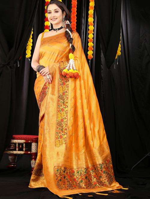 women's self design yellow colored saree with blouse - 20277646 - Very Small Image - 1