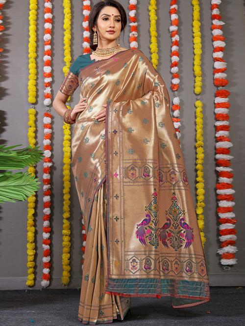 women's printed peach colored saree with blouse - 20277667 - Very Small Image - 1