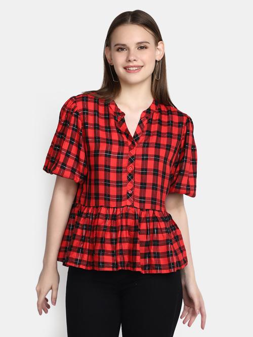 women red checkered mandarin neck top - 20277780 - Very Small Image - 1