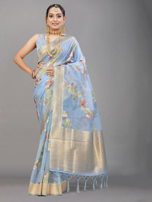 women's self design light blue colored saree with blouse - 20277841 - Very Small Image - 1