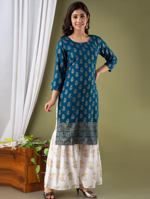 women teal foil printed kurta sharara set - 20280748 - Very Small Image - 1