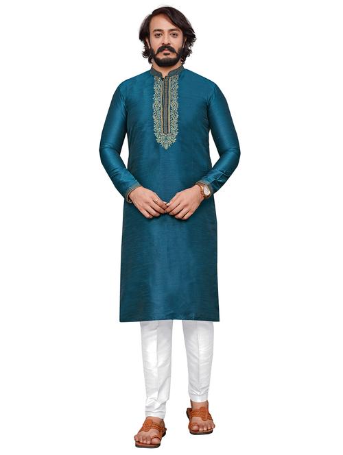 teal blue cotton silk kurta pyjama ethnic wear - 20281313 - Very Small Image - 1
