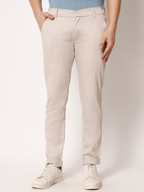 beige cotton blend flat front casual trousers - 20281586 - Very Small Image - 1