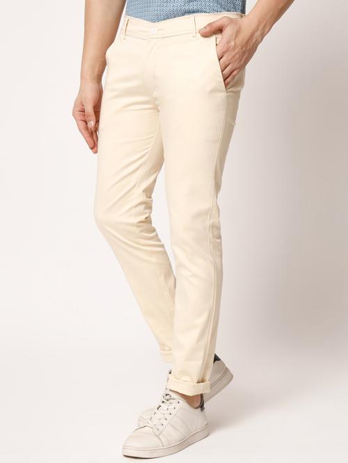beige cotton blend flat front casual trousers - 20281598 - Very Small Image - 1