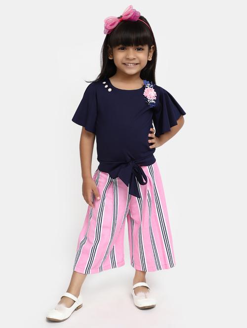 girls blue flower detailed & striped top & palazzo set - 20282599 - Very Small Image - 1